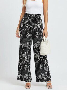 EST 1948 Black & White Floral Chain Print Belted Palazzo Wide Leg Pants XS NEW
